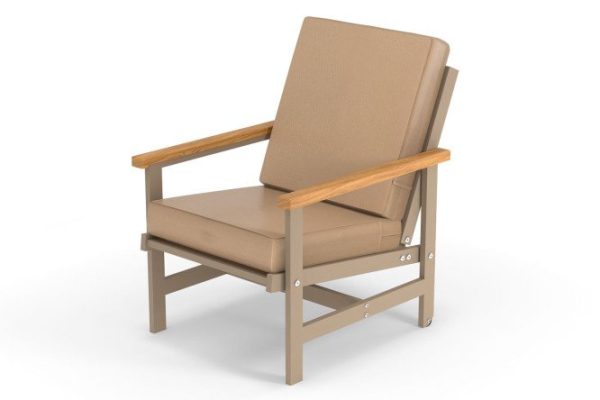 Scandi armchair with armrests, frame color cappuccino, natural wood, soft elements warm beige