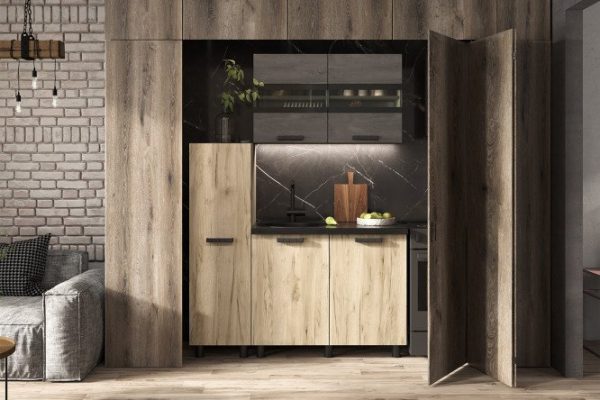 Kitchen set Edinburgh 140x216x60 cm, frame color kraft oak gray, facade iron stone, kraft oak gray