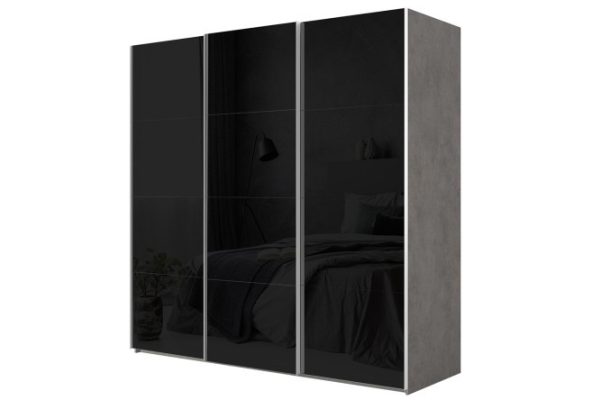 3-door wardrobe Comet 240x240 cm light concrete, black glass facades