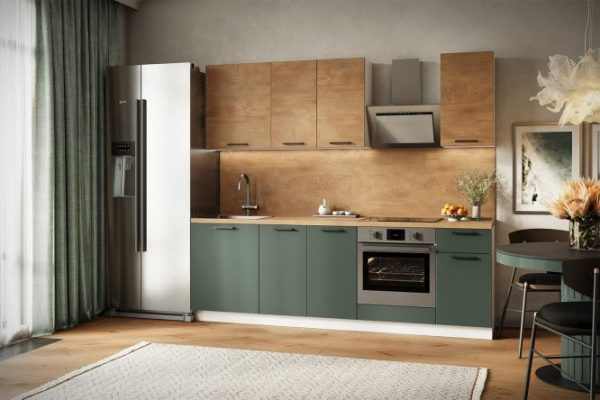 Kitchen set City 240x210x52.6 cm, frame color white, facade natural Irish oak, avocado