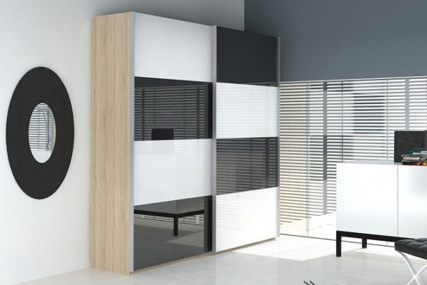 Sliding wardrobe 2-door Comet 160x240 cm Bardolino oak, white and black glass facades