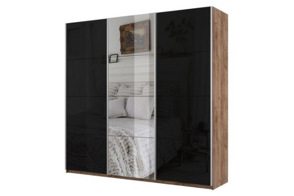3-door wardrobe Cors 180x230 cm, craft tobacco oak, black facade, with one mirror