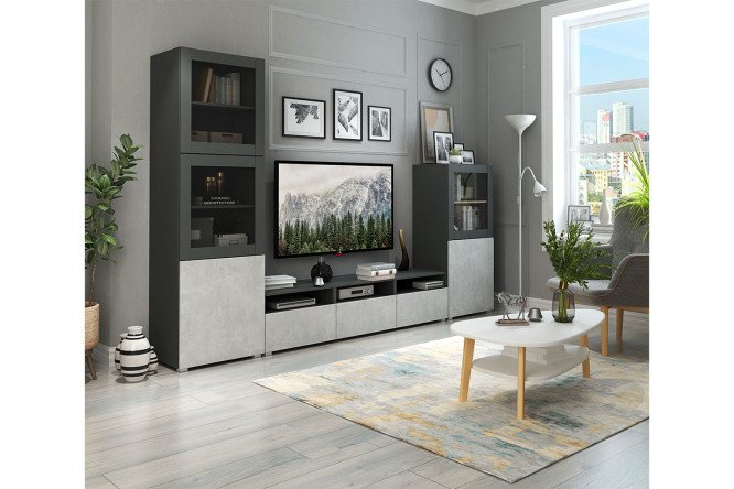 Living room Oscar Amika with cabinet and wardrobe with push-to-open