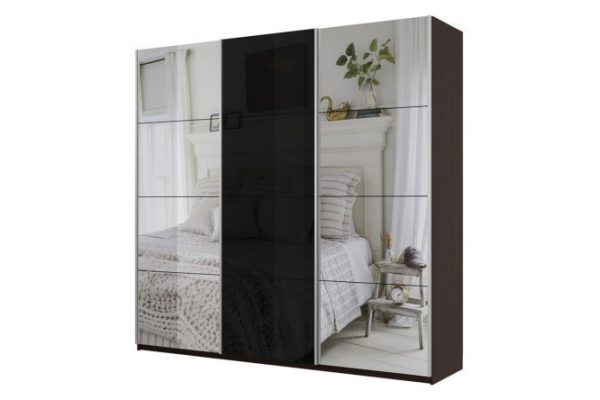 3-door wardrobe Cors 210x230 cm, wenge, black facade, with two mirrors