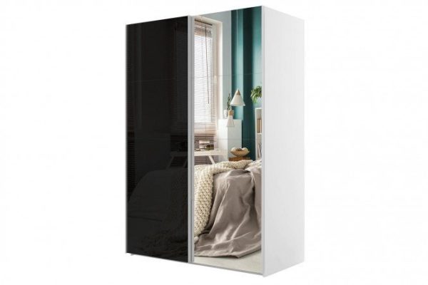 Sliding wardrobe 2-door Comet 180x220 cm white snow, black glass fronts, mirror