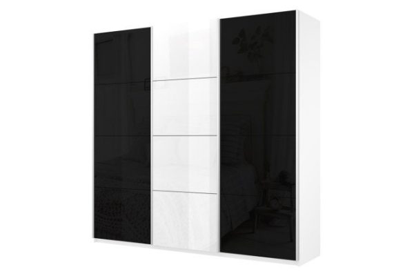 Sliding wardrobe 3-door Cors 180x230 cm, snow white, white gloss facade, black