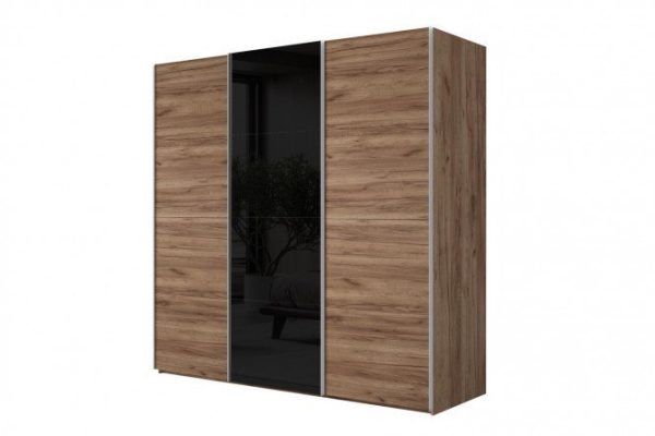 3-door wardrobe Comet 240x220 cm kraft tobacco oak, black glass fronts, kraft tobacco oak