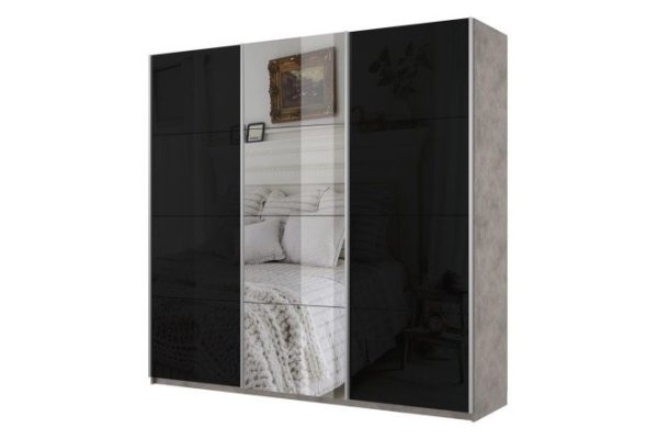 3-door wardrobe Cors 210x230 cm, light concrete, black facade, with one mirror