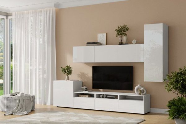 Living room Oscar Amika 5 doors and 3 drawers with push-to-open, white / white gloss