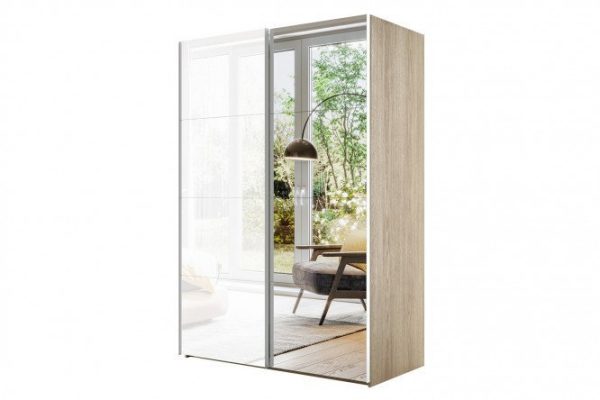 Sliding wardrobe 2-door Comet 160x220 cm Bardolino oak, white glass fronts, mirror