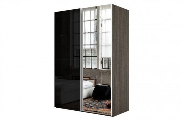 2-door wardrobe Comet 160x240 cm Bardolino oak, black glass fronts, mirror