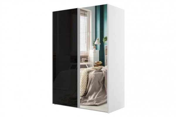 Sliding wardrobe 2-door Comet 160x240 cm white snow, black glass fronts, mirror