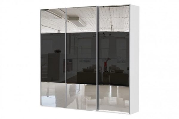 3-door wardrobe Comet 270x240 cm white snow, black glass fronts, mirror