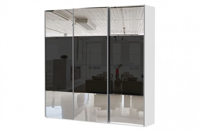 3-door wardrobe Comet 270x240 cm white snow, black glass fronts, mirror
