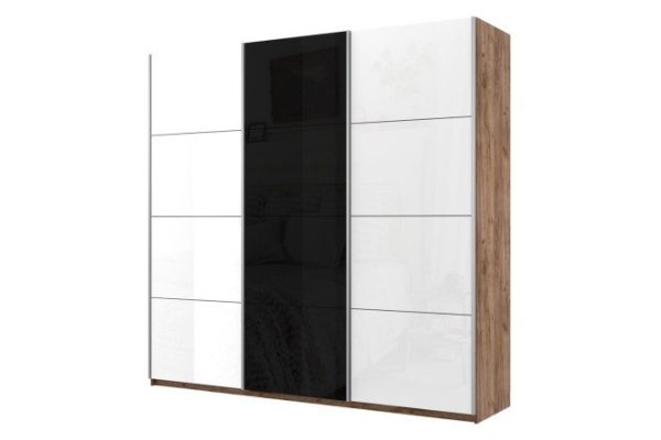 3-door wardrobe Cors 210x230 cm, kraft tobacco oak, white gloss facade, black