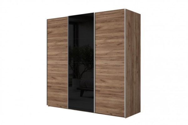 3-door wardrobe Comet 270x240 cm kraft tobacco oak, black glass fronts, kraft tobacco oak