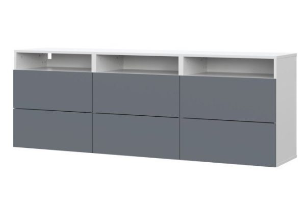 Cabinet Oscar Moon 180x64 with 6 drawers and 3 shelves, white / graphite soft