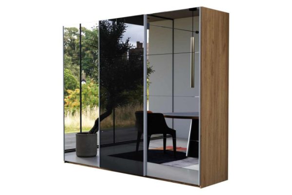 3-door wardrobe Comet 240x240 cm kraft oak tobacco, mirror fronts, black glass