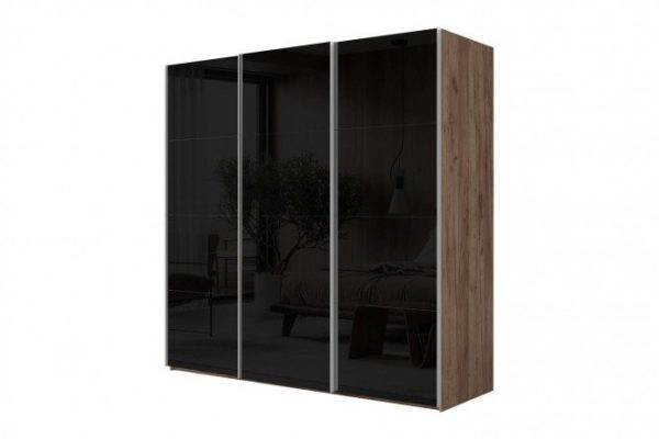 3-door wardrobe Comet 300x240 cm kraft tobacco oak, black glass fronts