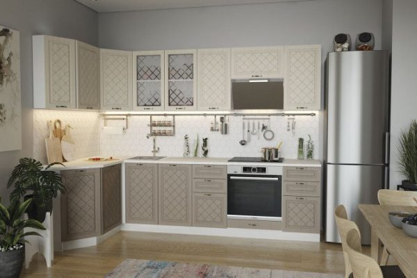 Kitchen set Bianca No. 2 corner 280x213.2x130 cm, frame color white, facade vanilla oak, coffee oak