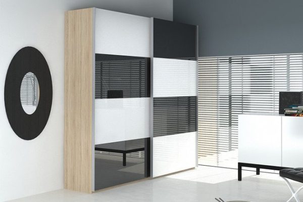 Sliding wardrobe 2-door Comet 160x220 cm Bardolino oak, white and black glass facades