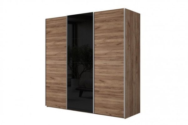 3-door wardrobe Comet 240x240 cm kraft tobacco oak, black glass fronts, kraft tobacco oak