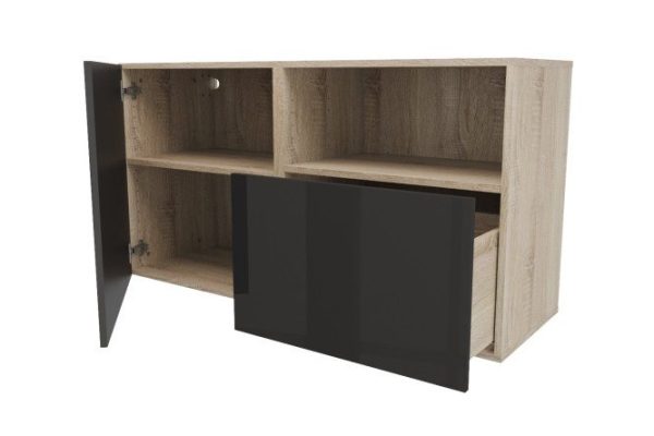Cabinet with door, shelf and drawer Oscar Amika 120x64 with closers, Sonoma oak / glossy black graphite