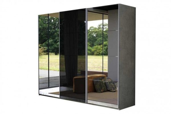 3-door wardrobe Comet 270x220 cm light concrete, mirror fronts, black glass