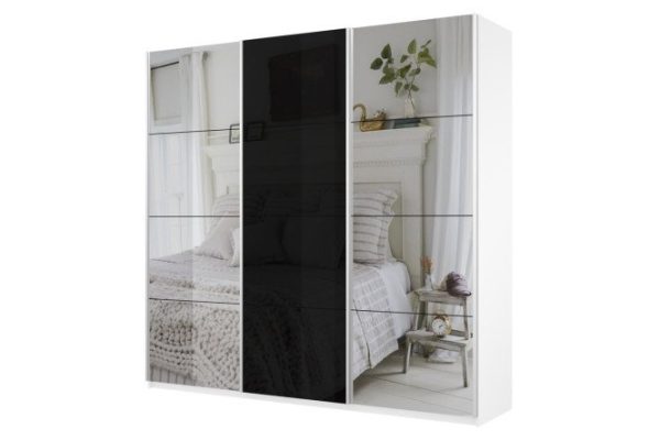 3-door wardrobe Cors 210x230 cm, white snow, black facade, with two mirrors