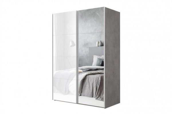 2-door wardrobe Comet 160x240 cm light concrete, mirror fronts, white glass