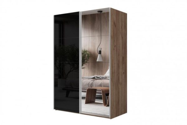 2-door wardrobe Comet 160x220 cm kraft oak tobacco, mirror fronts, black glass
