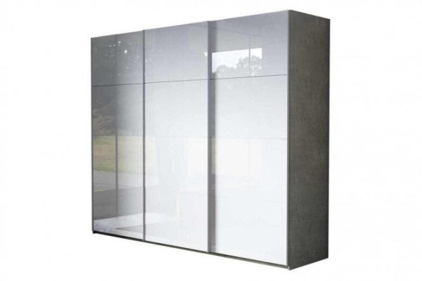 3-door wardrobe Comet 300x220 cm light concrete, white glass facades