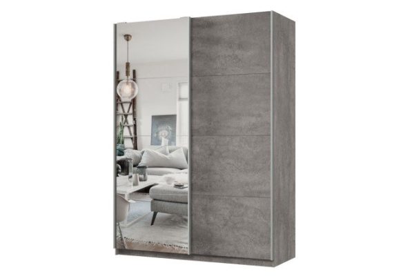 Sliding wardrobe 2-door Praktik 160x240x60 cm, concrete, silver profile, with one mirror