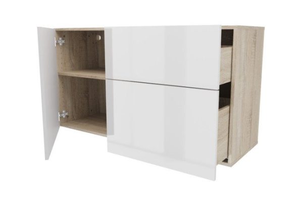 Cabinet with door and 2 drawers Oscar Amika 120x64 with push to open, Sonoma oak / white gloss