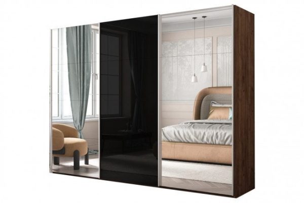 3-door wardrobe Comet 300x220 cm kraft oak tobacco, mirror fronts, black glass