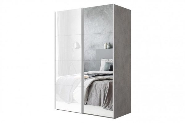 2-door wardrobe Comet 200x220 cm light concrete, white glass facades, mirror