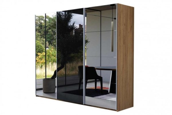 3-door wardrobe Comet 270x220 cm kraft oak tobacco, mirror fronts, black glass