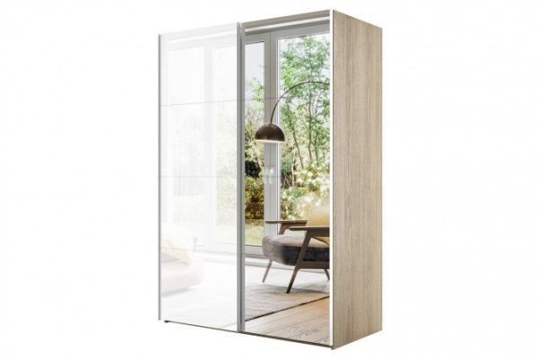 Sliding wardrobe 2-door Comet 180x220 cm Bardolino oak, white glass fronts, mirror
