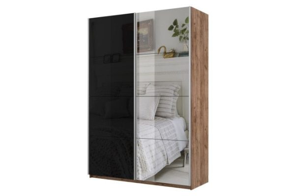 Sliding wardrobe 2-door Cors 120x230 cm, craft tobacco oak, black facade, with one mirror