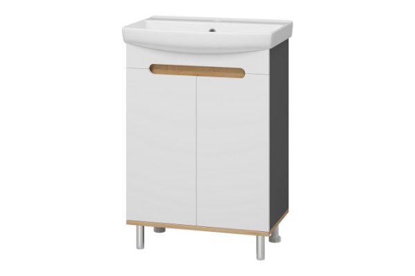 Floor stand Scandi 60 E-Ska01060-0150-2D with 2 doors 61 cm, frame color graphite, gold kraft oak, white facade, gold kraft oak