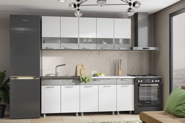 Kitchen set Denver 200x216x60 cm, frame color atelier gray, facade white shagreen, atelier gray