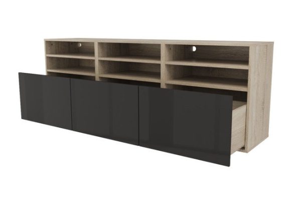 Cabinet 6 shelves and 3 drawers Oscar Amika 180x64 with push to open, Sonoma oak / glossy black graphite