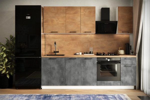 Kitchen set City 240x210x52.6 cm, frame color white, facade natural Irish oak, dark concrete