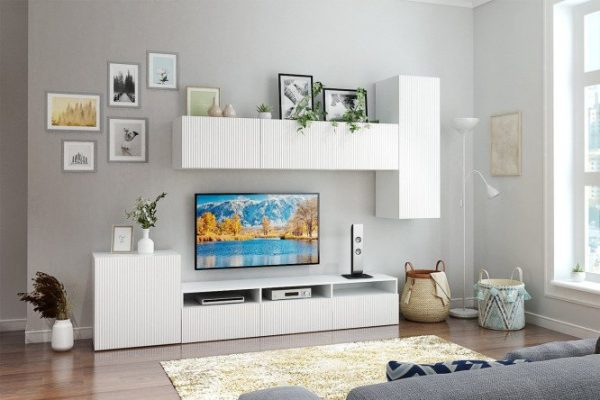 Living room Oscar Amelie 5 doors and 3 drawers with push-to-open, white / talc wave