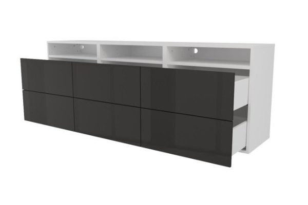 h7b2vkak10nkjv2zdd168nid7yte1vhp.jpg Cabinet 3 shelves and 6 drawers Oscar Amika 180x64 with push to open, white / black graphite gloss