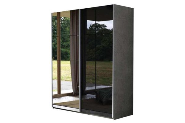 2-door wardrobe Comet 160x220 cm light concrete, mirror fronts, black glass