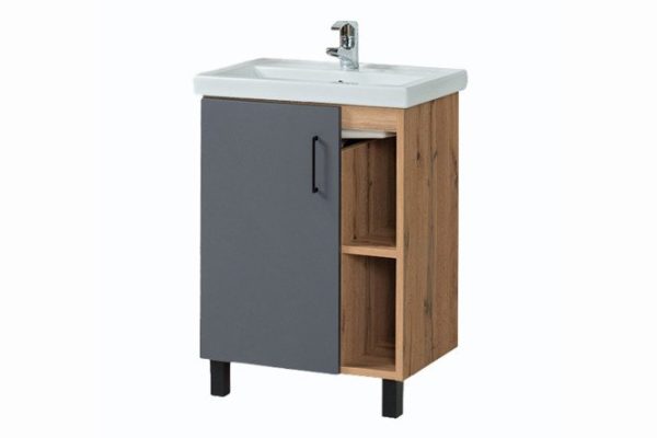 Floor stand AQUAL Loft 57 cm, frame color kraft oak gold, facade gray