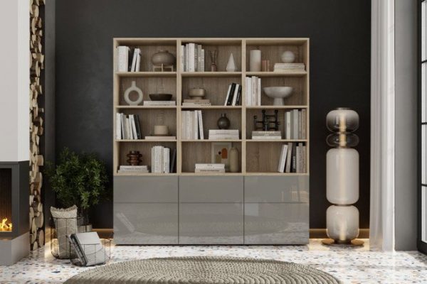 Oscar Amica Push-to-Open Library, Sonoma Oak / Dusty Gray Gloss