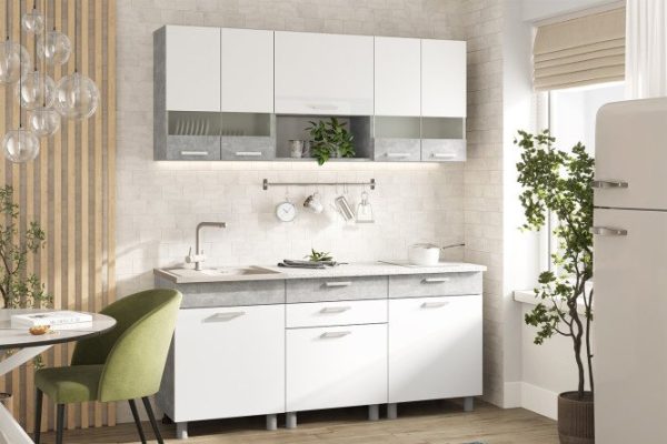 Kitchen set Denver 180x216x60 cm, frame color atelier gray, facade white shagreen, atelier gray