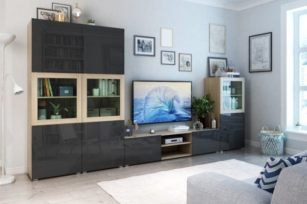 Living room Oscar with cabinet and push-to-open cabinets, Sonoma oak / glossy black graphite